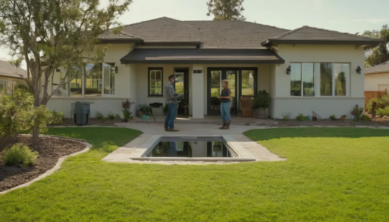 A friendly provider and a homeowner reviewing a septic tank lid in a yard in the Bonner Springs area